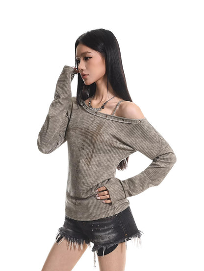 Distressed Off Shoulder Slim Top