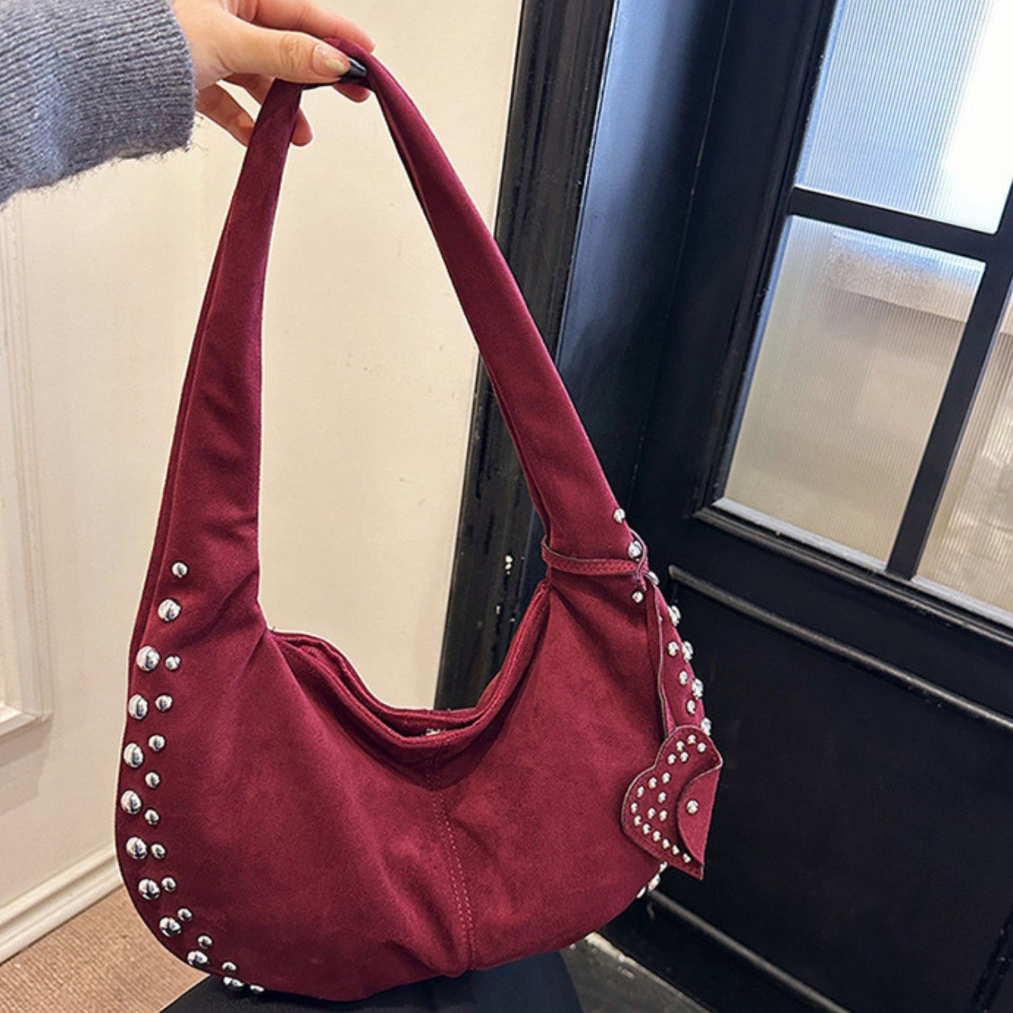 Studded Suede Shoulder Bag