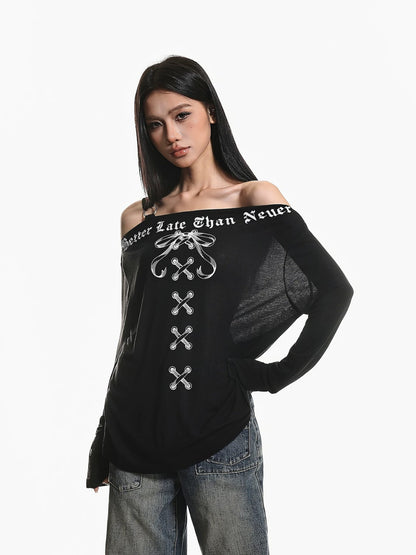 American Retro Off-Shoulder Long Sleeve Top
