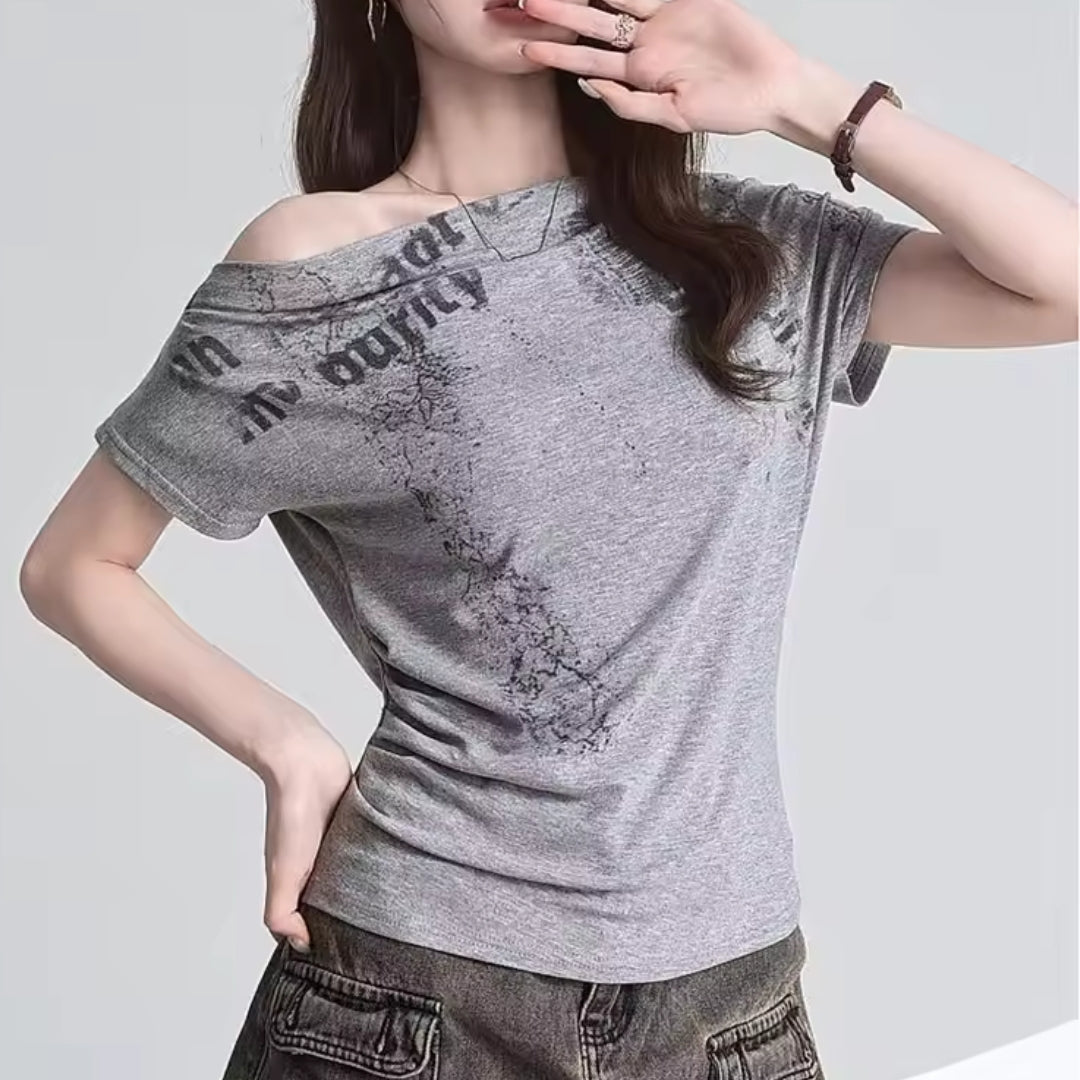 Grey Off-Shoulder Graphic Tee