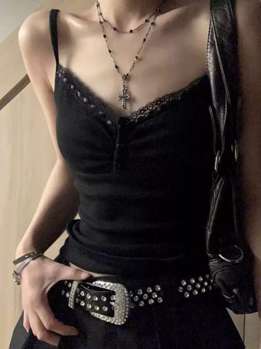 Black Slim Lace Spaghetti Strap Vest for Women