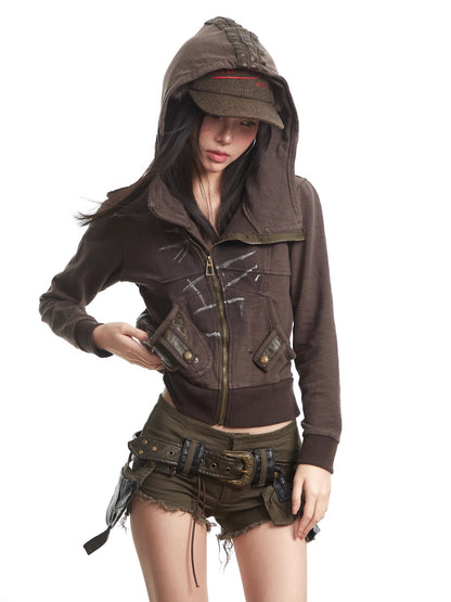 Retro Hooded Zipper Short Jacket