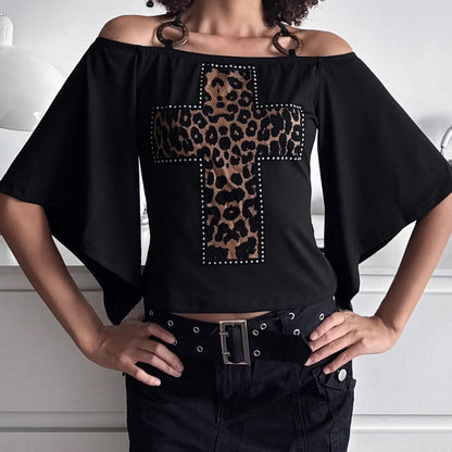 One-Shoulder Leopard Cross Bat Sleeve Top