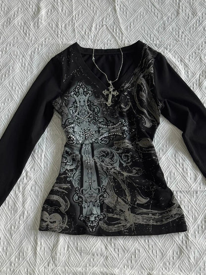 Black V-Neck Printed Long Sleeve Top