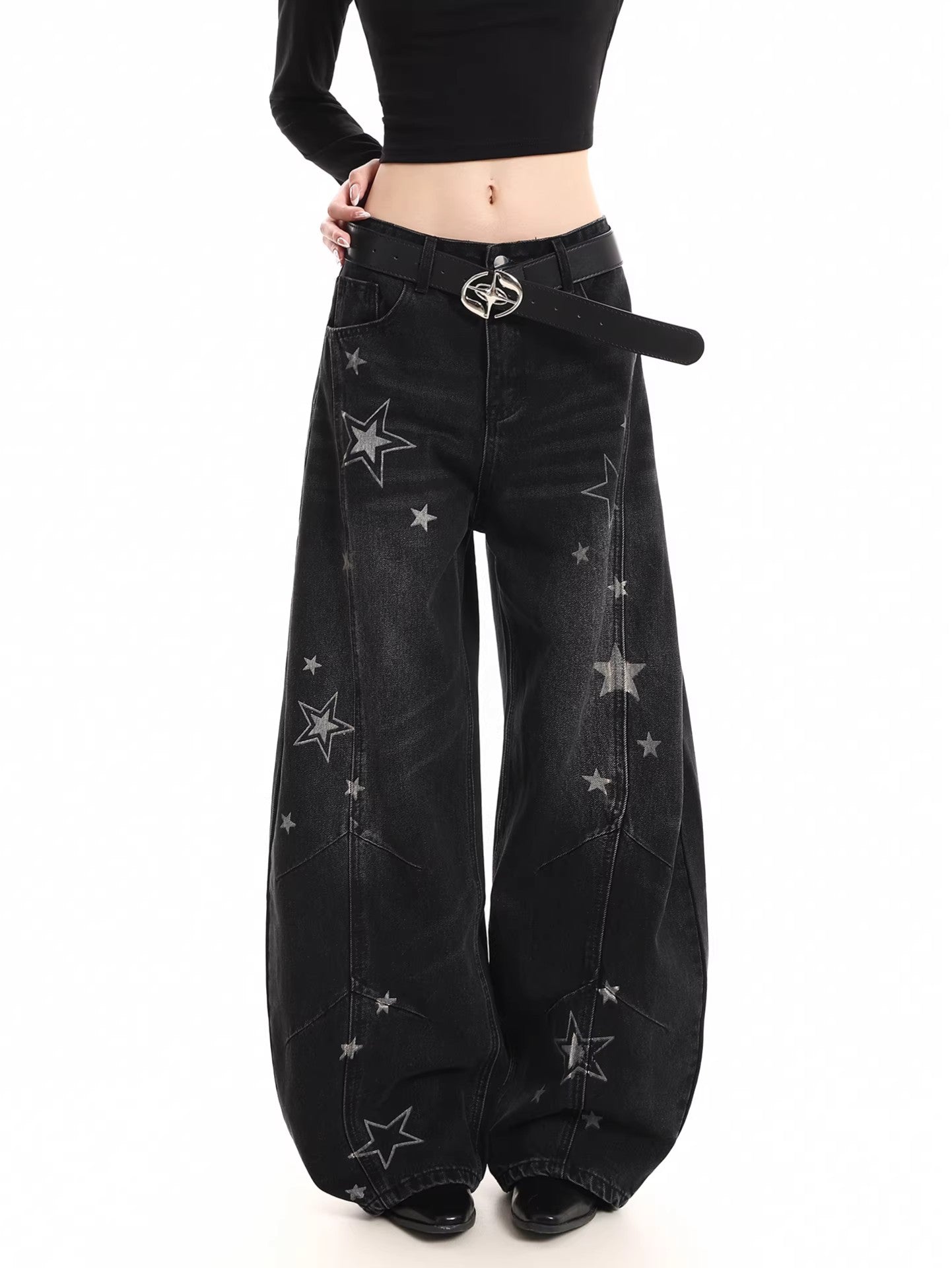 Star Print Distressed Wide Jeans