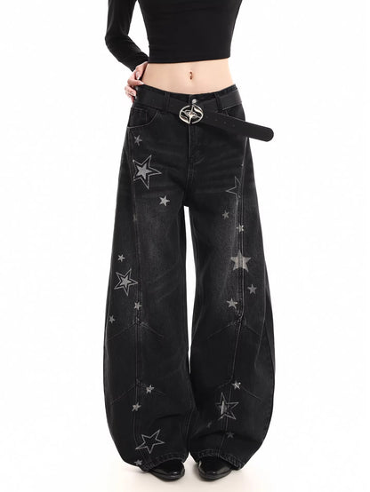 Star Print Distressed Wide Jeans
