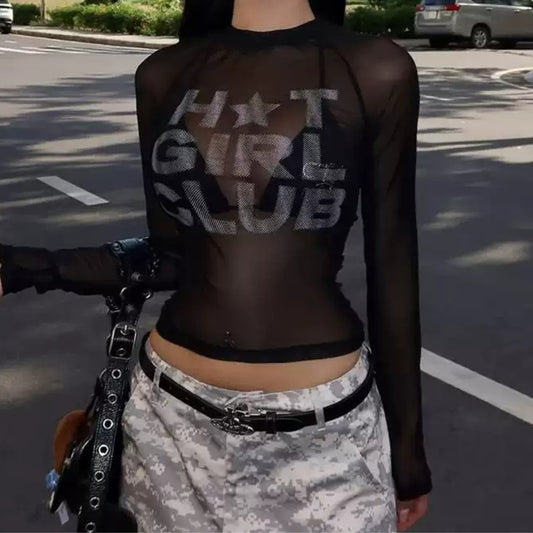 Y2K "Hot Girl Club" Graphic Mesh Top