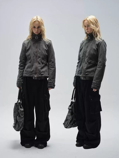 Sand Washed Punk Fur Collar Jacket