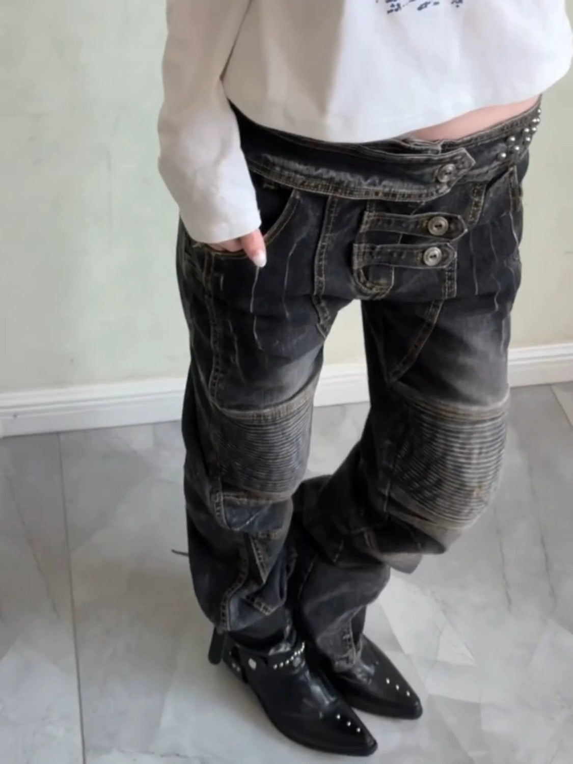 Retro Distressed Punk Denim Jeans