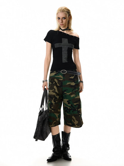 Rhinestone Cross Off-Shoulder Top