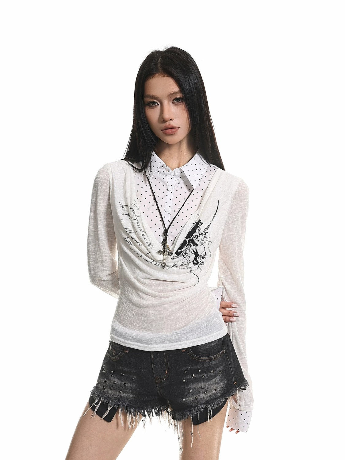 American Retro Faux Two-Piece Long Sleeve Top