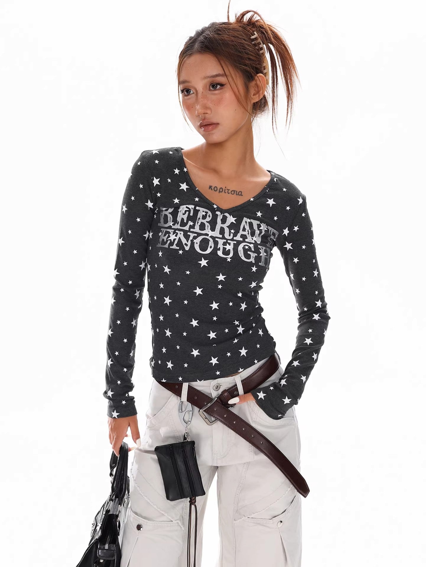 Star Print V Neck Top