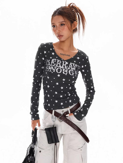 Star Print V Neck Top