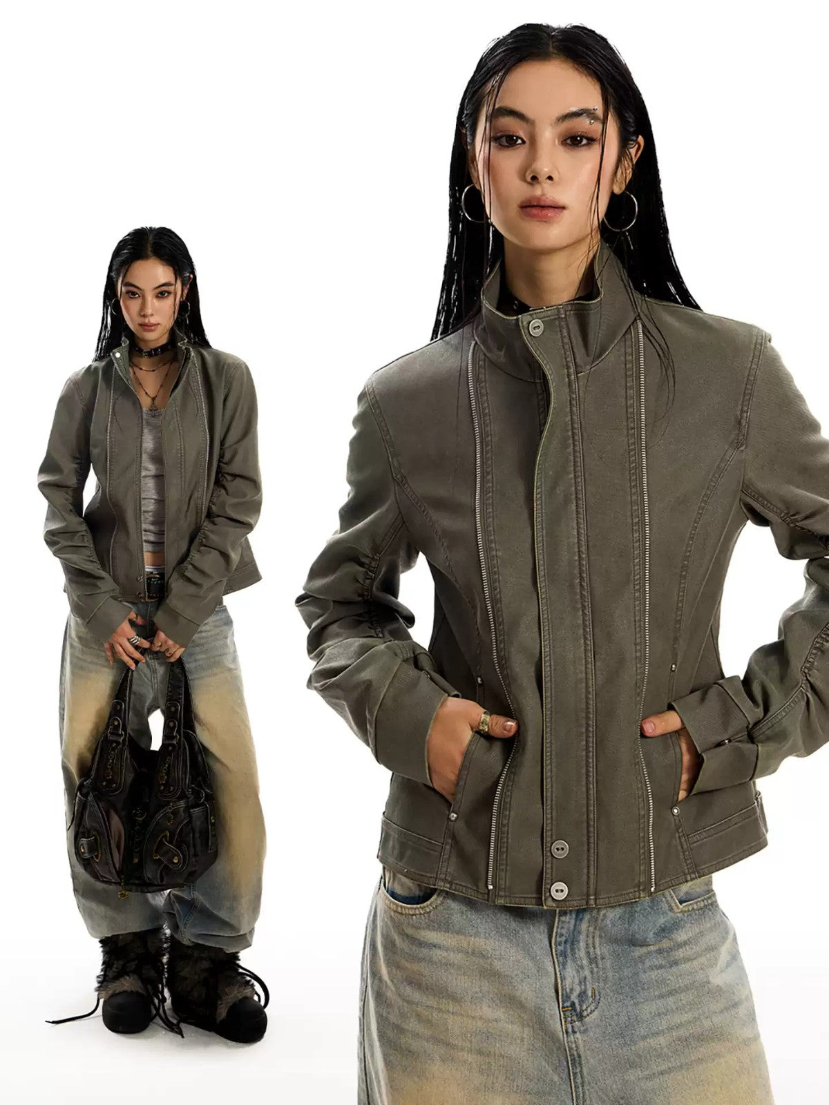 Distressed Slim Fit Motorcycle Jacket