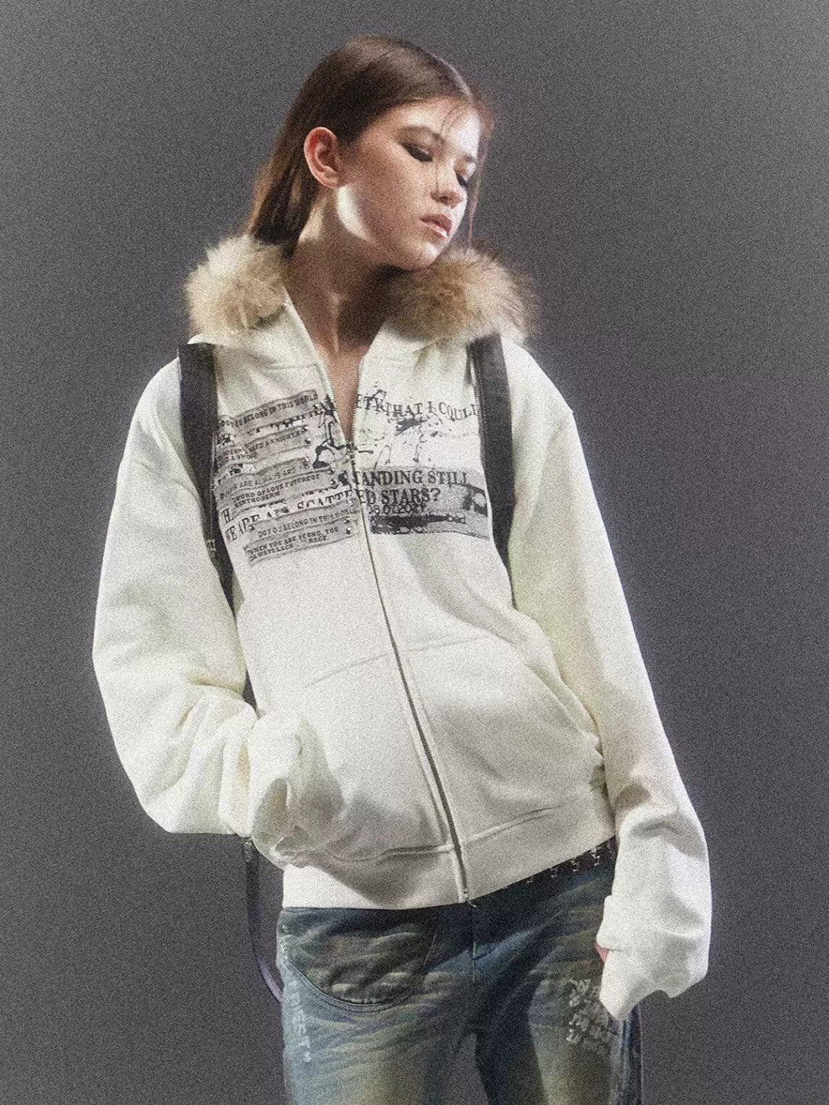 White Fur Collar Graphic Sweatshirt