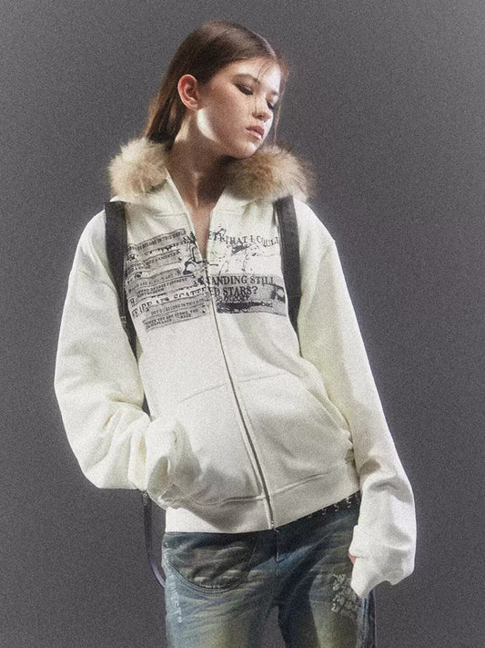 White Fur Collar Graphic Sweatshirt