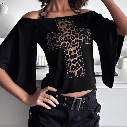 One-Shoulder Leopard Cross Bat Sleeve Top