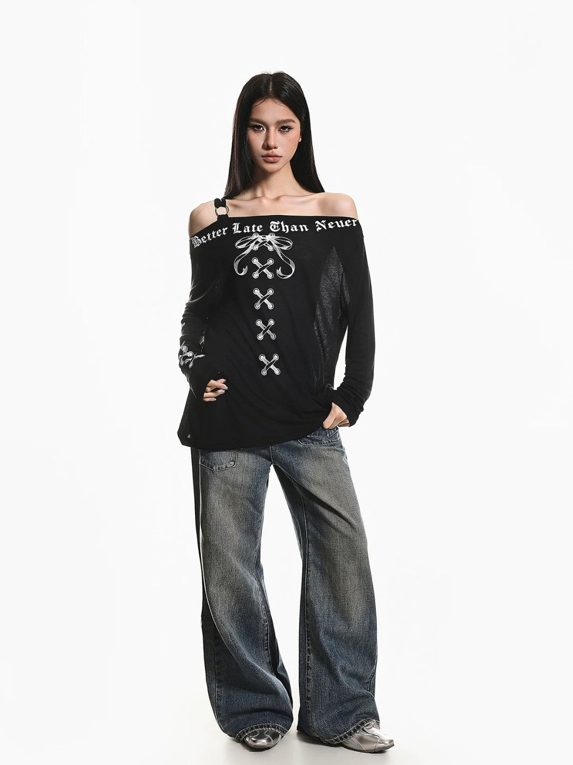 American Retro Off-Shoulder Long Sleeve Top