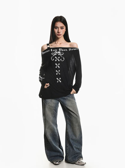 American Retro Off-Shoulder Long Sleeve Top