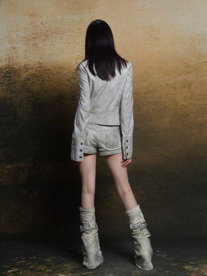 Asymmetrical Collar Distressed PU Jacket