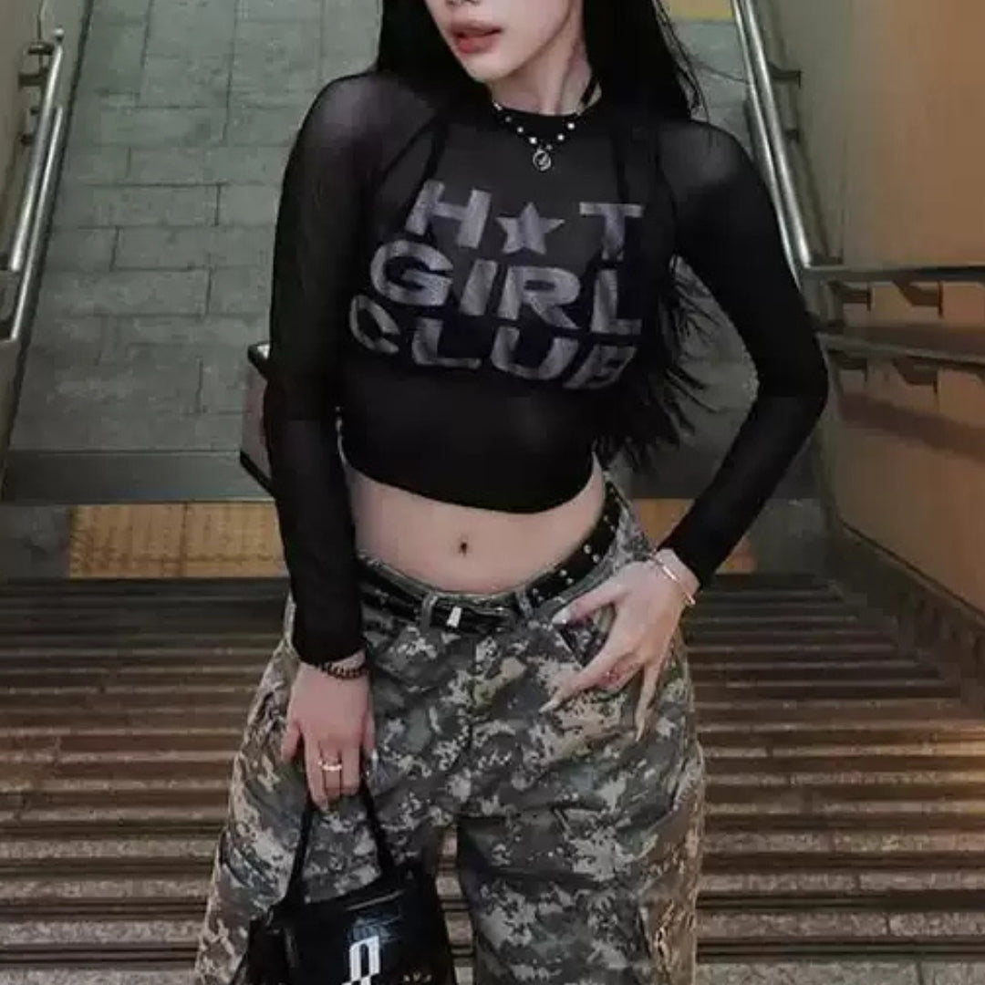 Y2K "Hot Girl Club" Graphic Mesh Top