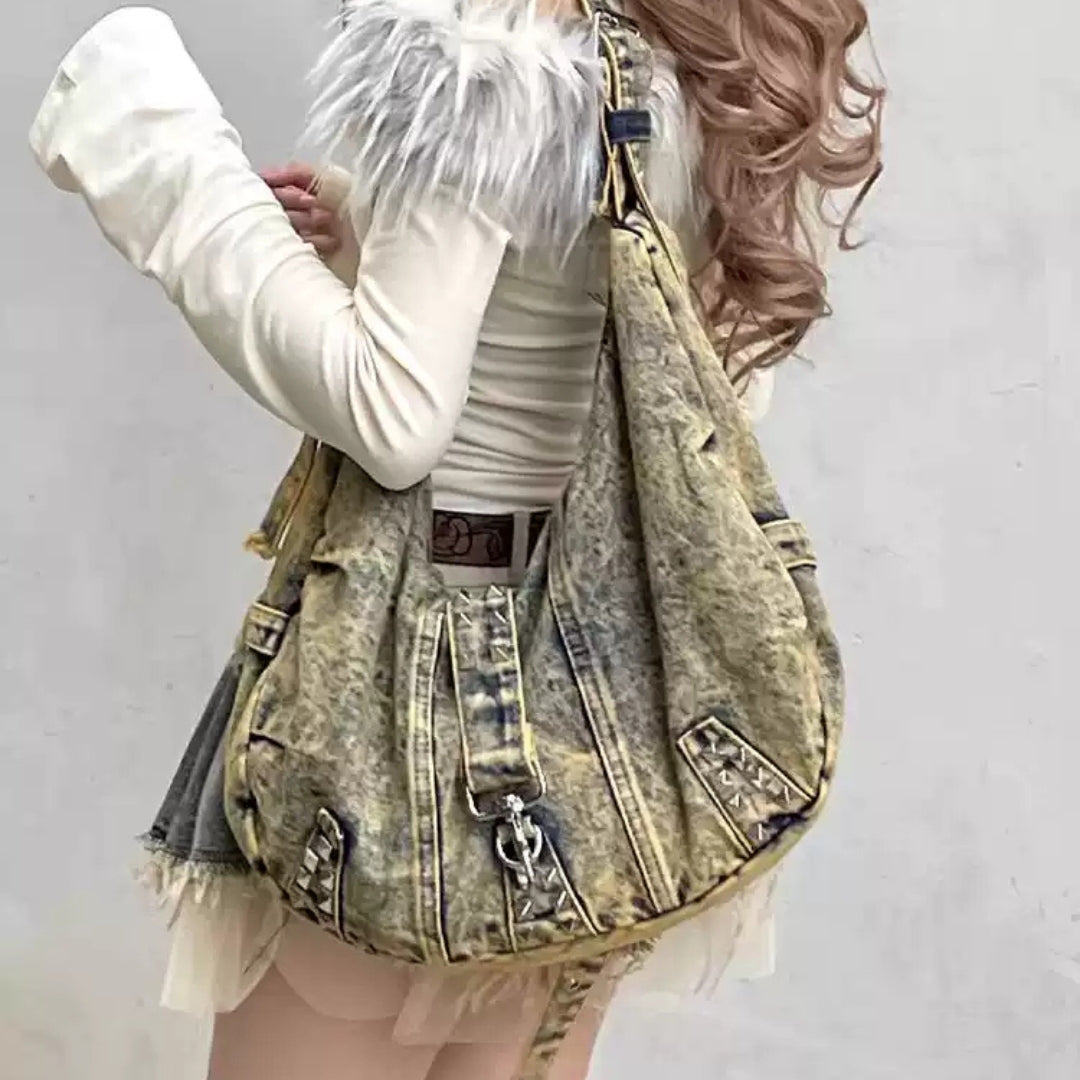 Studded Denim Shoulder Bag