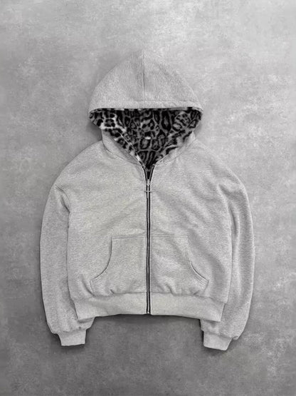 Reversible Leopard Print Zipper Hoodie
