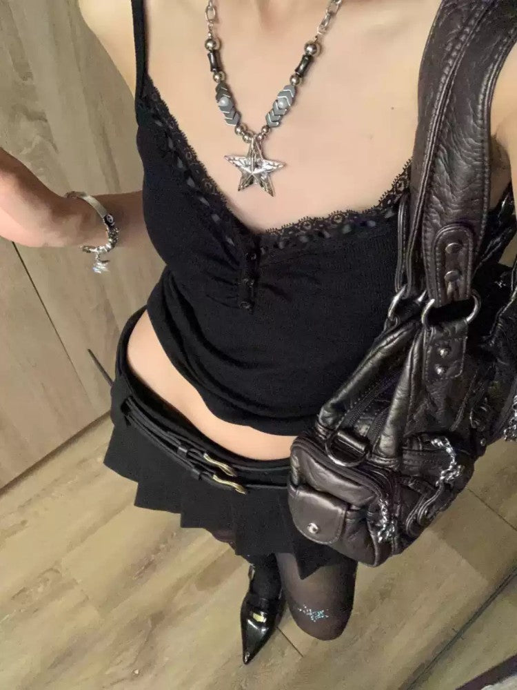 Black Slim Lace Spaghetti Strap Vest for Women