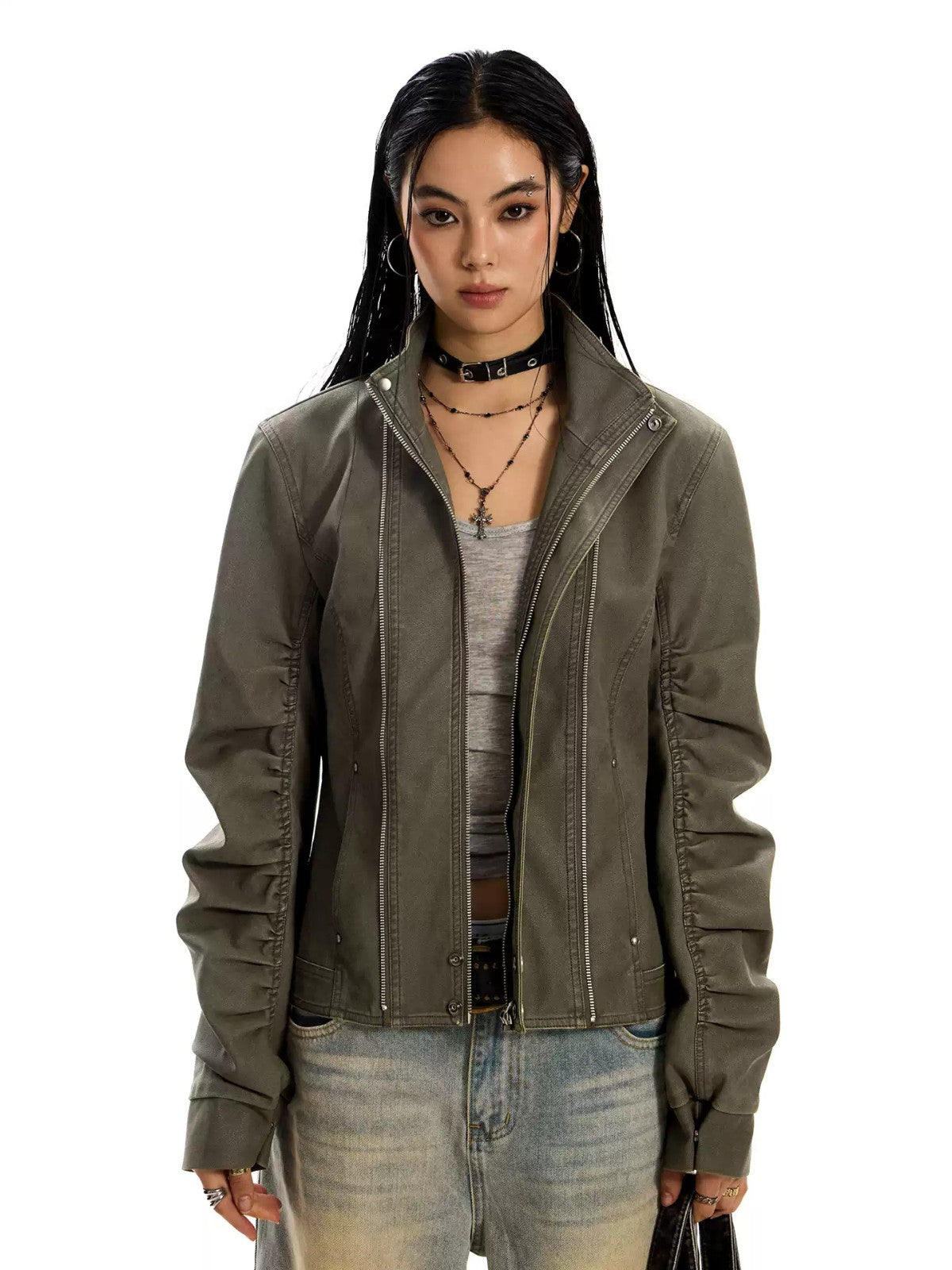 Distressed Slim Fit Motorcycle Jacket