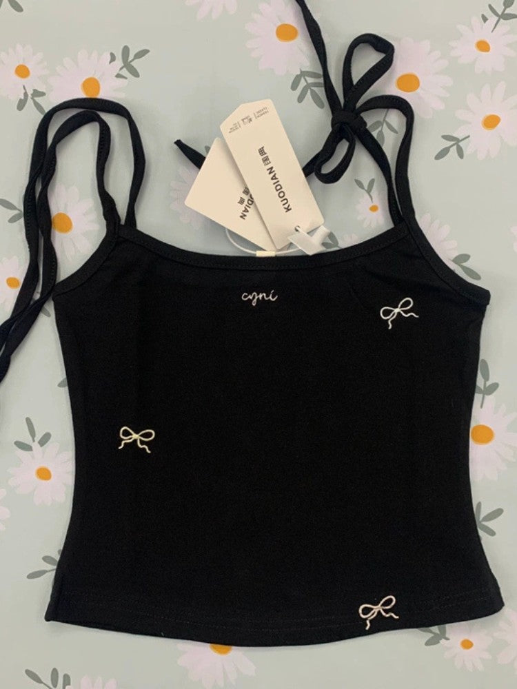 Black Bow Embroidered Camisole Vest for Women