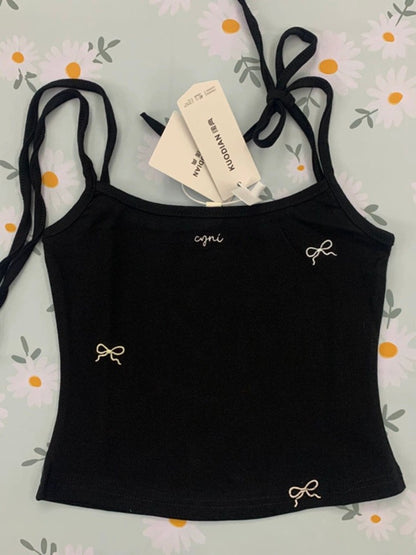 Black Bow Embroidered Camisole Vest for Women