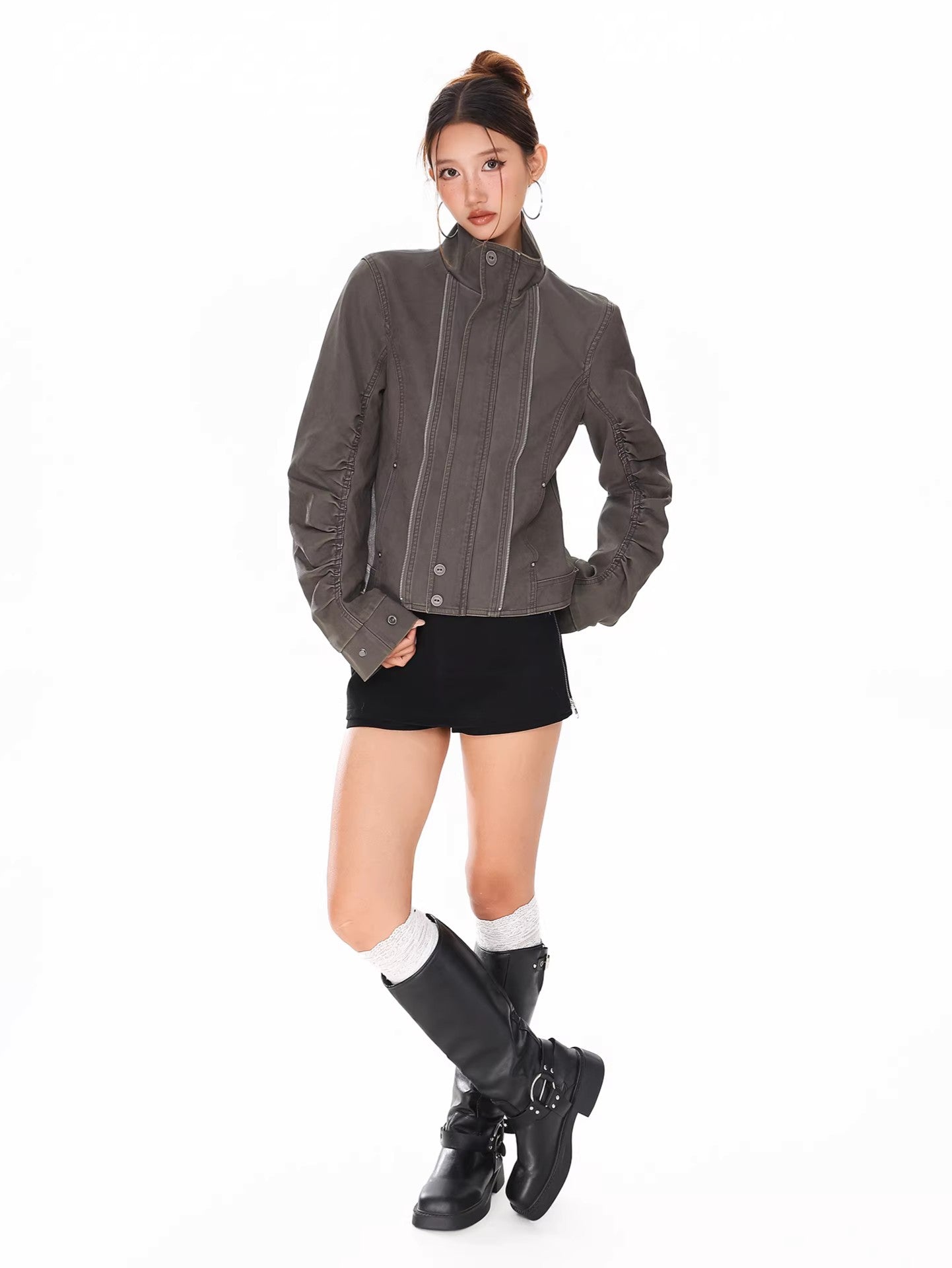 Stand Collar Moto Style Jacket