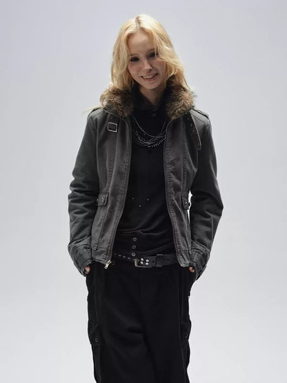Sand Washed Punk Fur Collar Jacket
