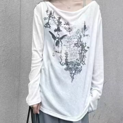 Gothic Print Off-Shoulder Long Sleeve Top