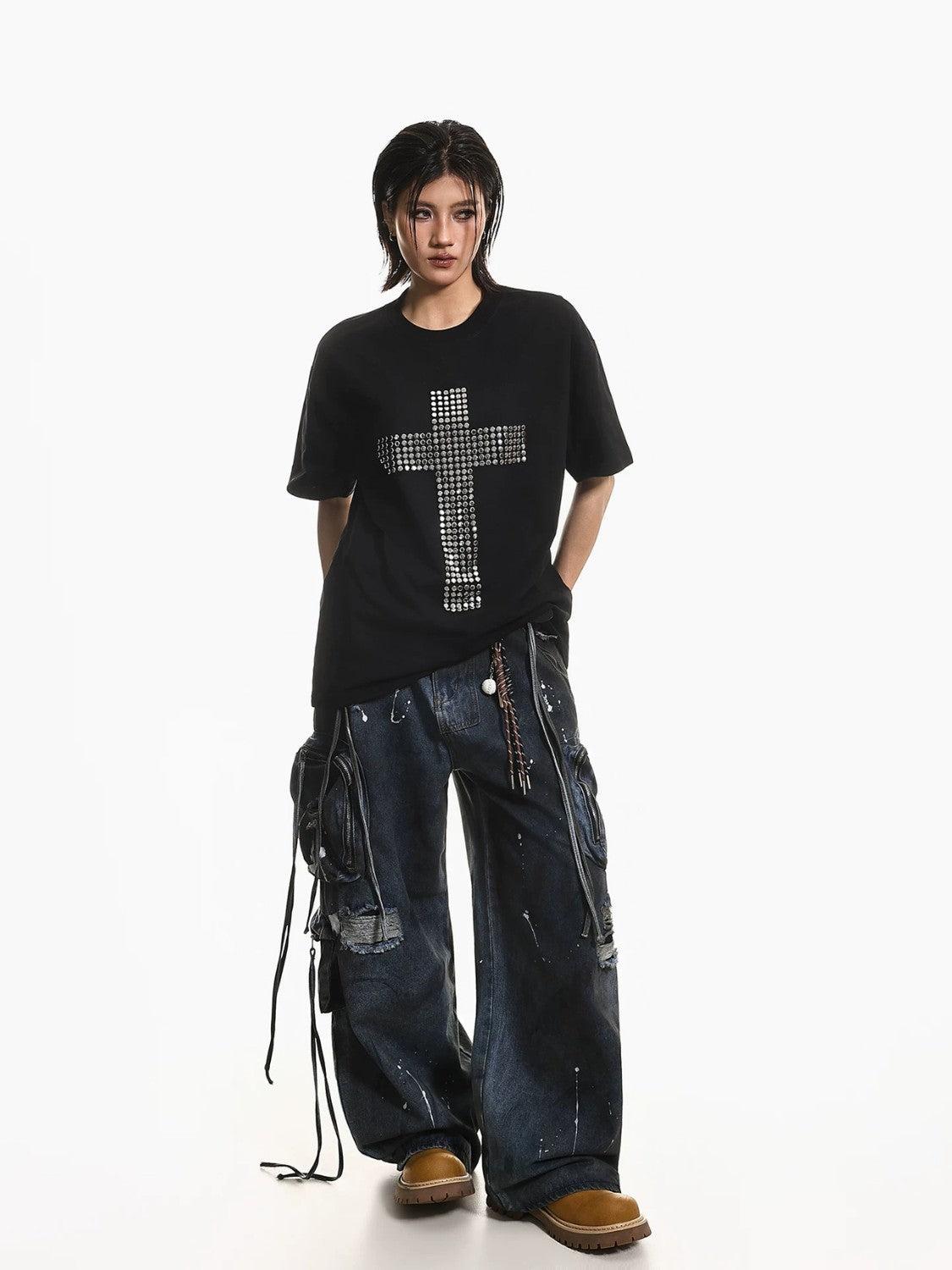 Studded Cross Oversized Punk T-Shirt