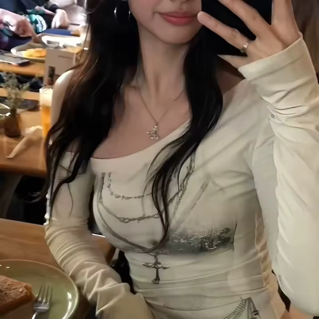 Sheer Off-Shoulder Necklace Print Top