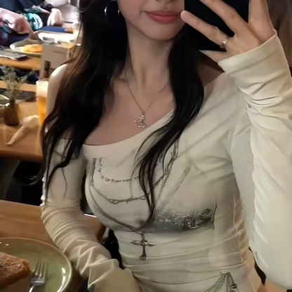 Sheer Off-Shoulder Necklace Print Top