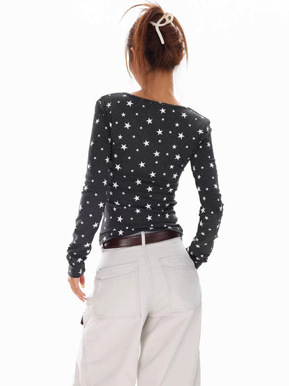 Star Print V Neck Top