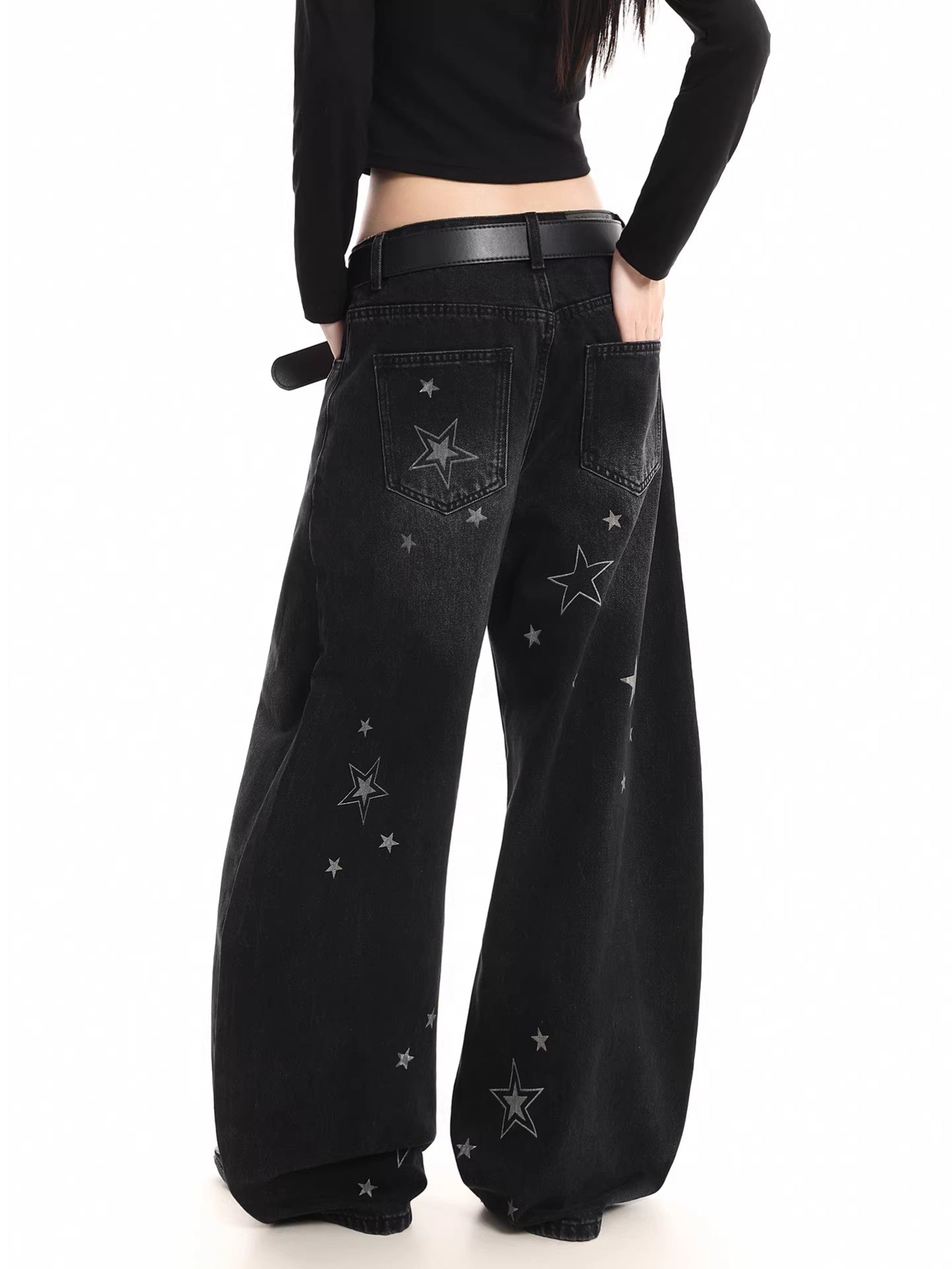 Star Print Distressed Wide Jeans