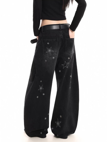 Star Print Distressed Wide Jeans