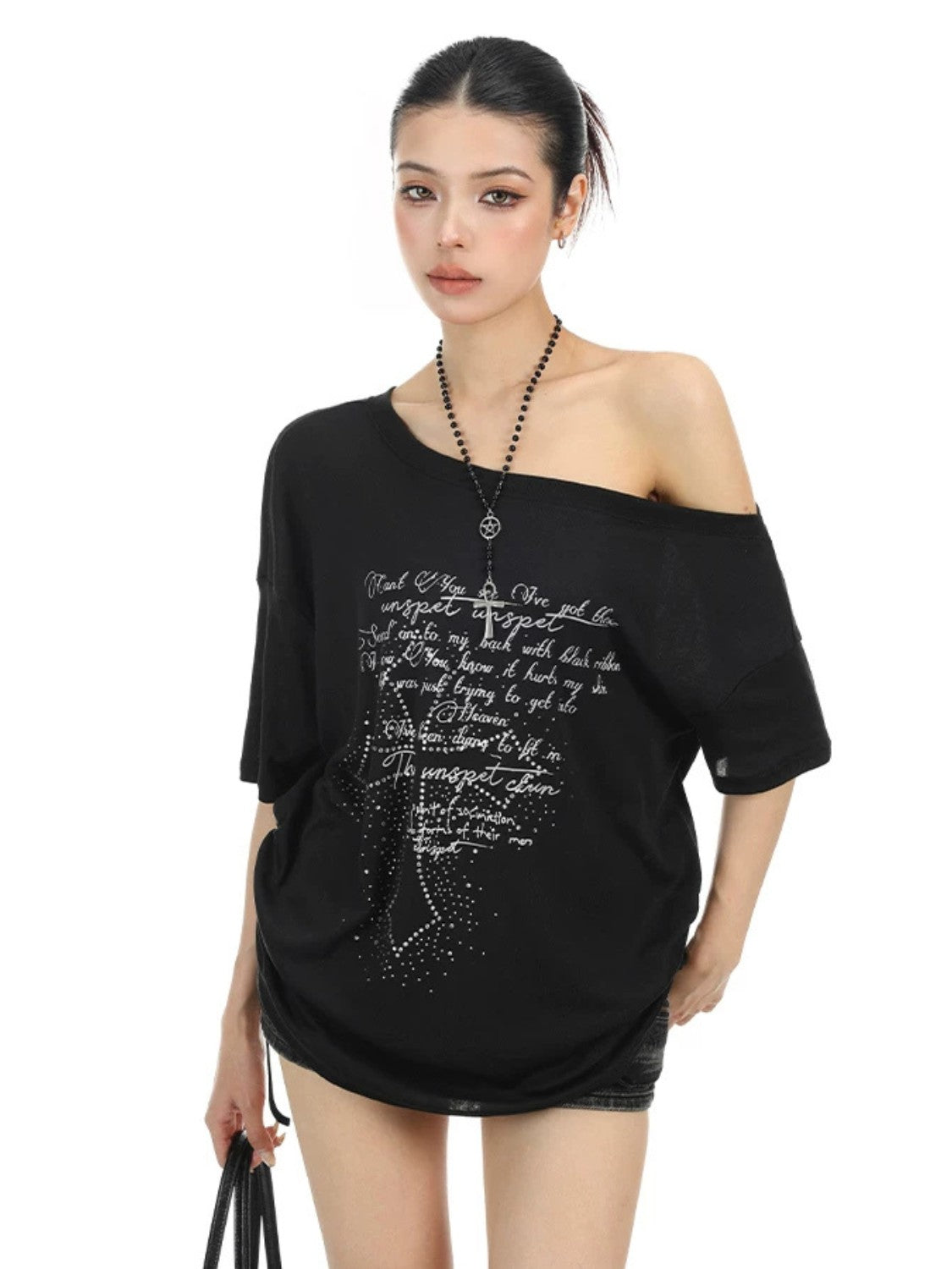 Rhinestone Cross Off-Shoulder Tee