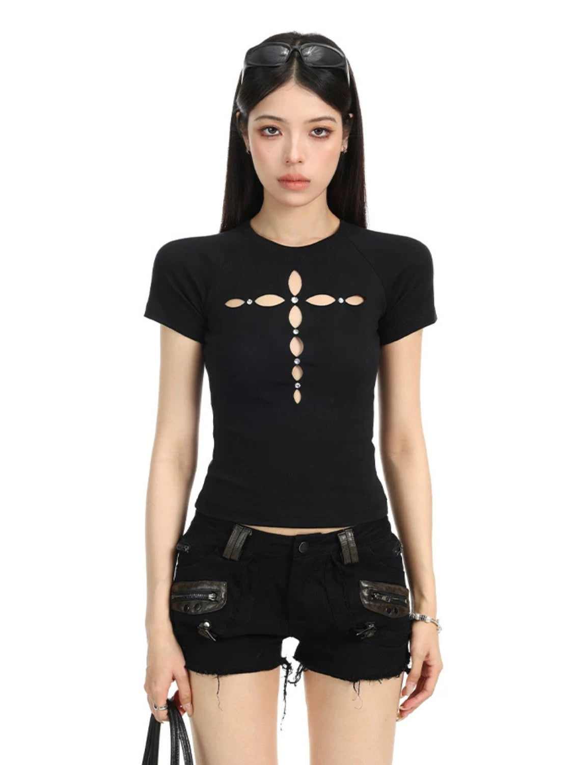 Hollow Cross Rhinestone Slim Tee