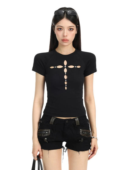Hollow Cross Rhinestone Slim Tee