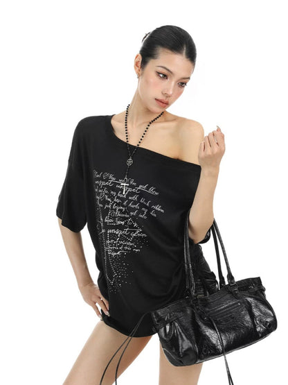 Rhinestone Cross Off-Shoulder Tee