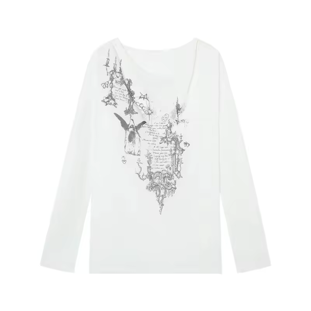 Gothic Print Off-Shoulder Long Sleeve Top