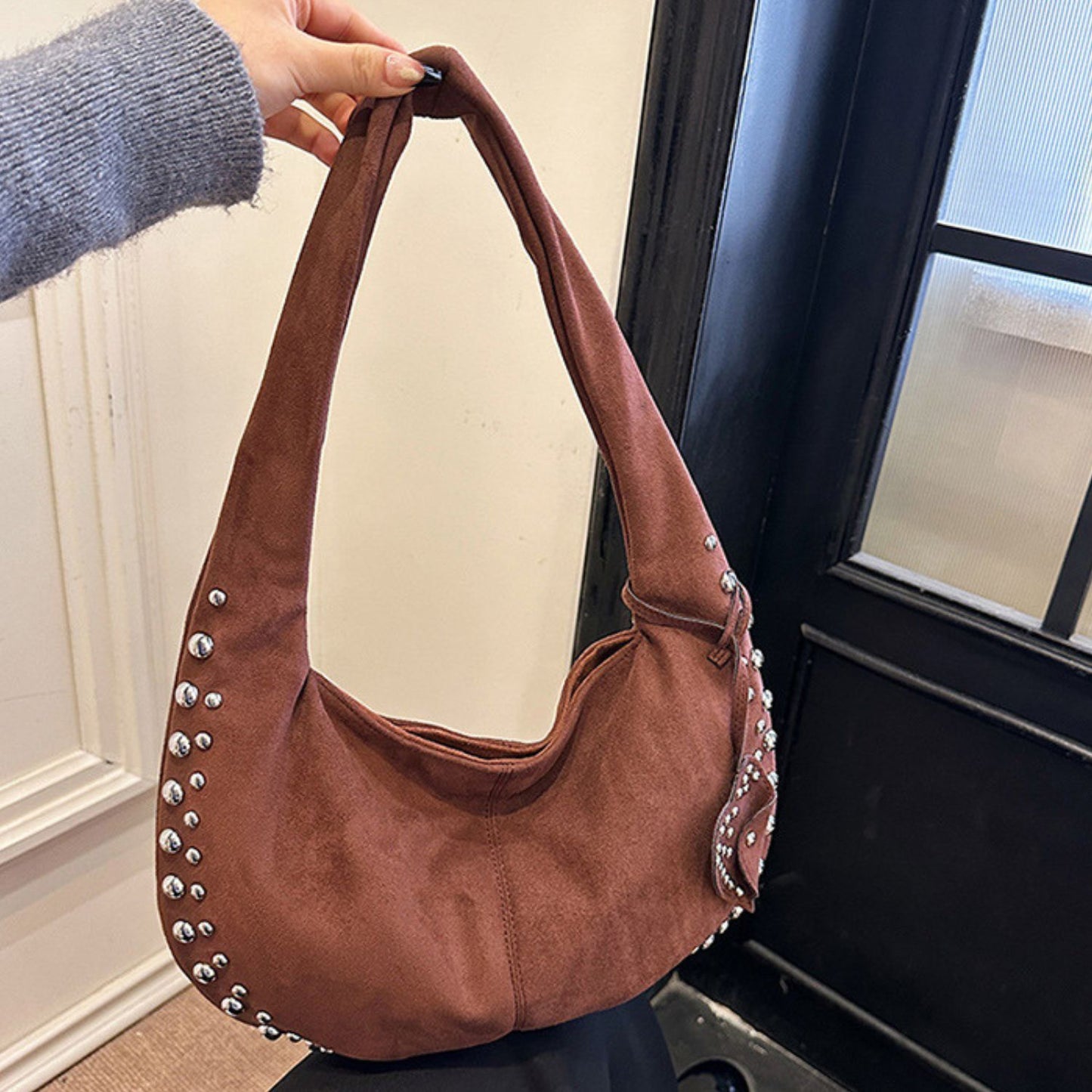 Studded Suede Shoulder Bag