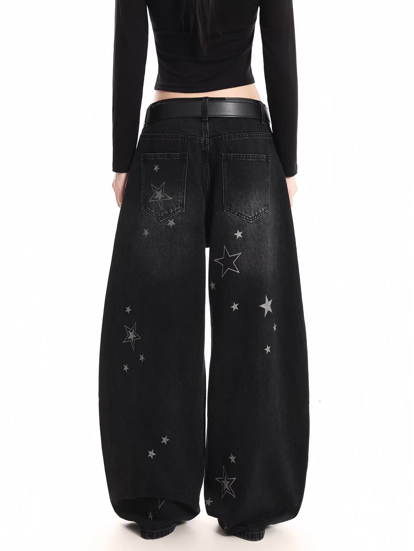 Star Print Distressed Wide Jeans