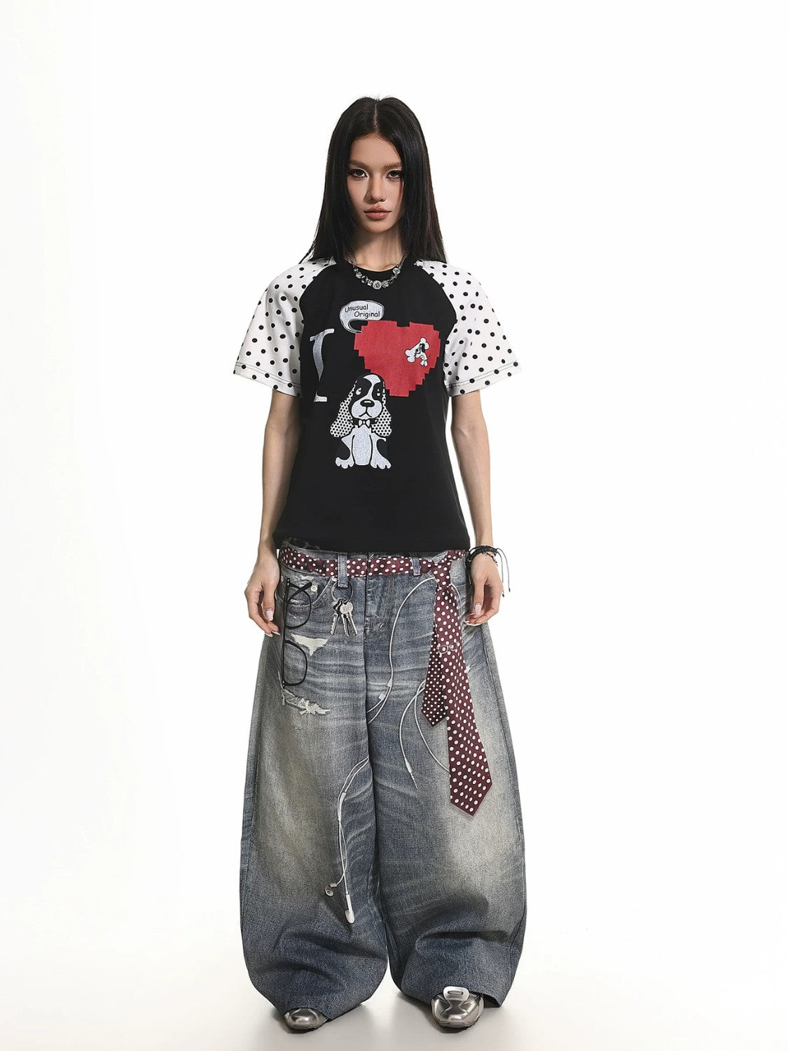 Retro Puppy Print Color Block T-Shirt
