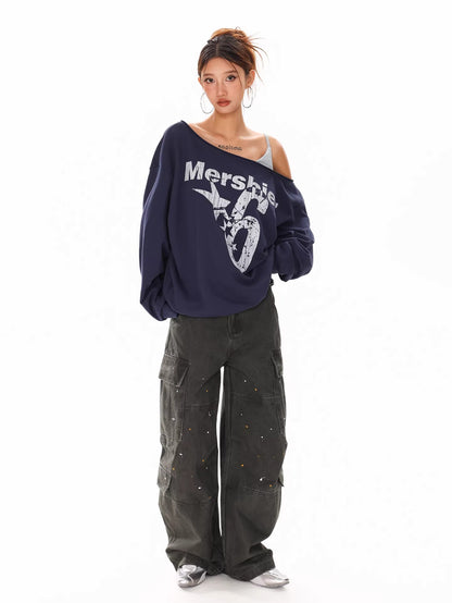 Off Shoulder Letter Print Sweatshirt