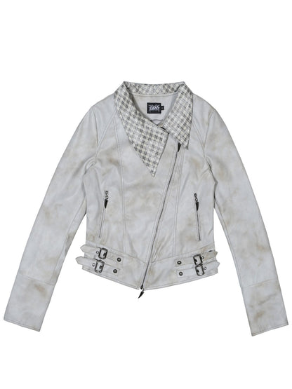 Asymmetrical Collar Distressed PU Jacket